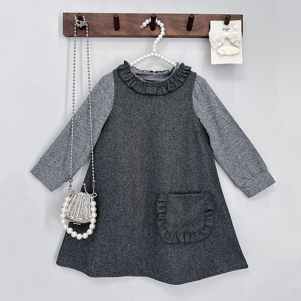 

Осенняя повседневная одежда для девочек 3-7 лет, плиссированное платье без рукавов с карманами и серой базовая рубашка с длинными рукавами, комплект из двух предметов