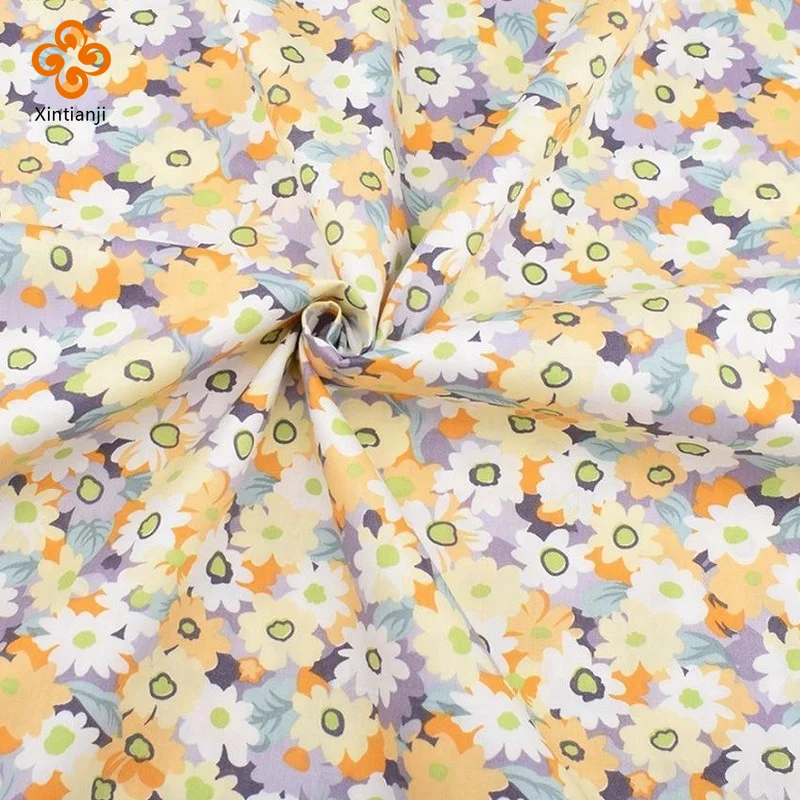 Cotton Yellow Patchwork Fabric Flower Print Twill Material DIY Quilt Children\'s Doll Dress Needlework Supplies 25x25cm 7PCS/Set