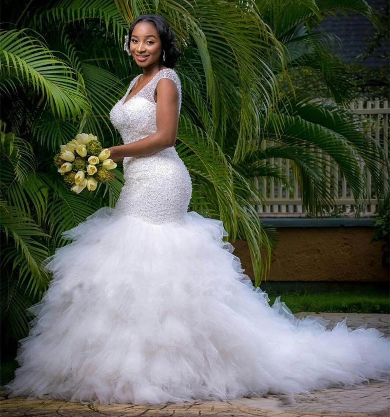 Vestido de novia de sirena de tul escalonado, lentejuelas con cuentas, sin mangas, cuello en V, Espalda descubierta, vestidos de novia africanos largos, fabricación personalizada