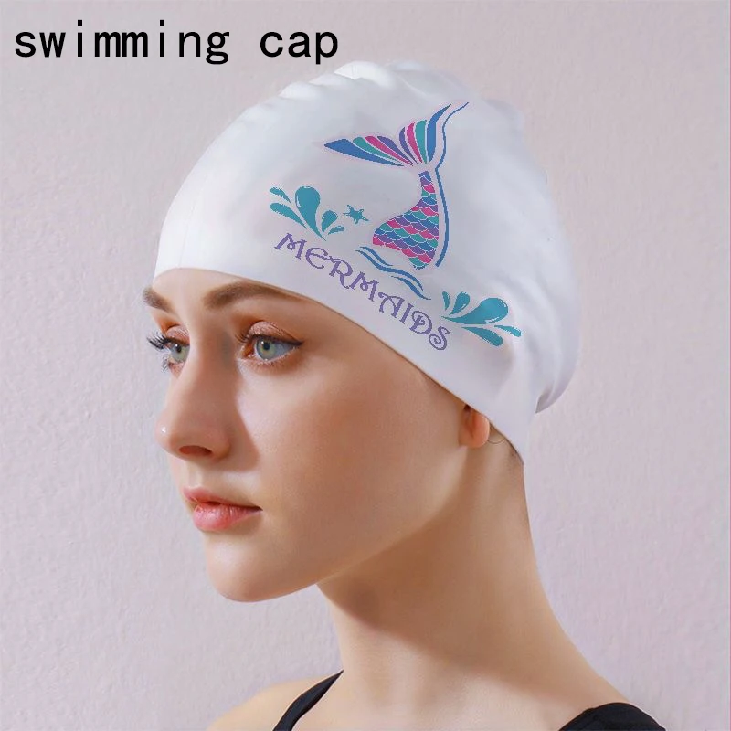 

Adult Fashion Mermaid Printed Swimming Cap High Elasticity Silicone Swim Cap Soft Comfortable White Women Swimming Caps One Size