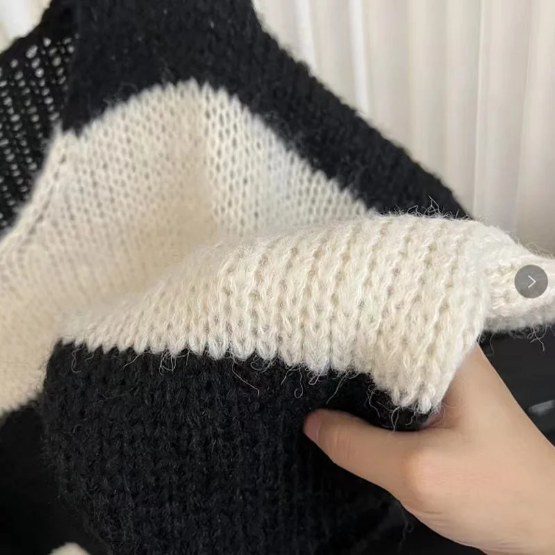 

Long Sve Knitted Sweater Men Women Lazy Stripe Color Blo Autumn Winter Loose Mid-Length Korean Sle Faionable Sweater