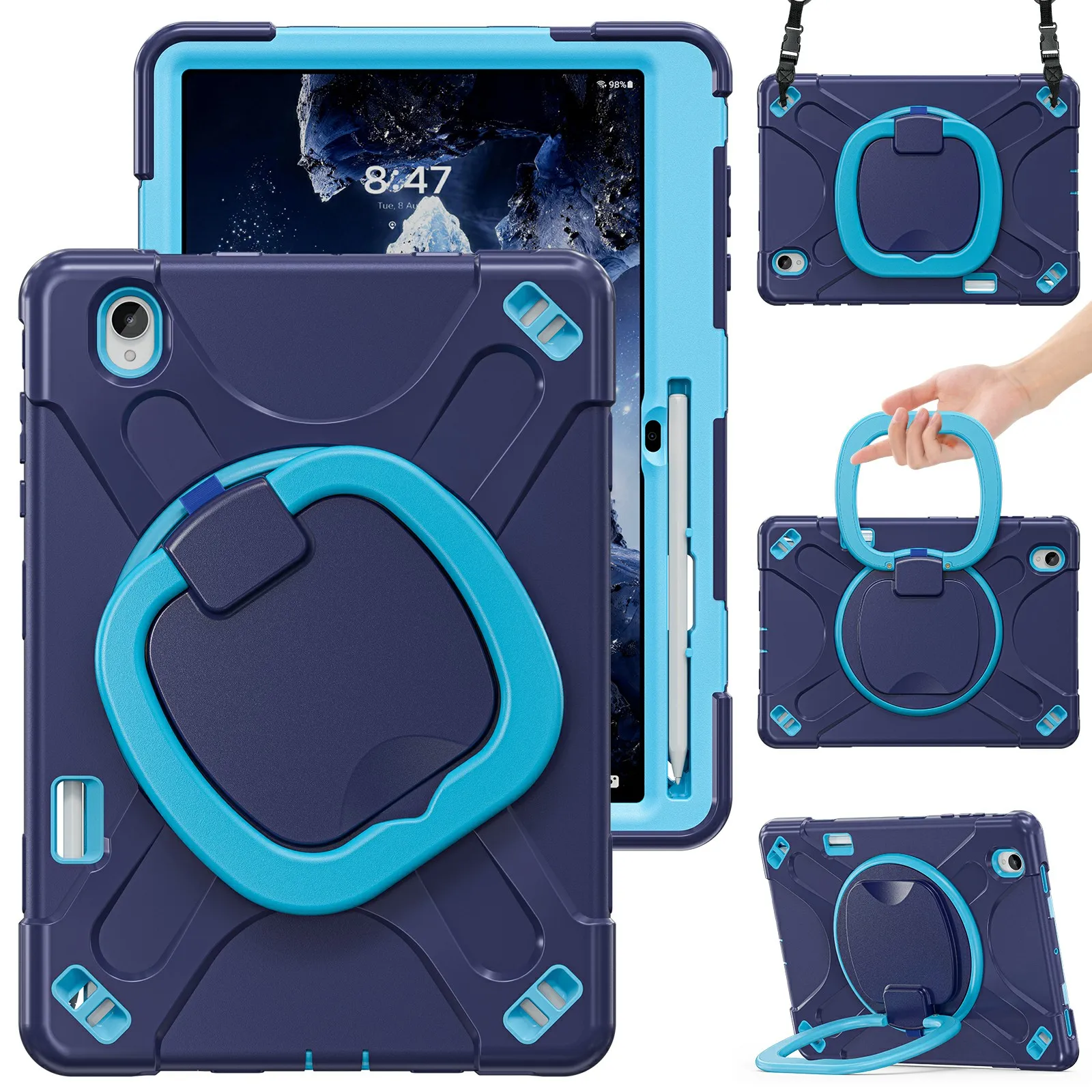 For Samsung Galaxy Tab S12+ Case with Shoulder Strap TPU + PC + Silicone Kickstand Tablet Cover - Navy Blue