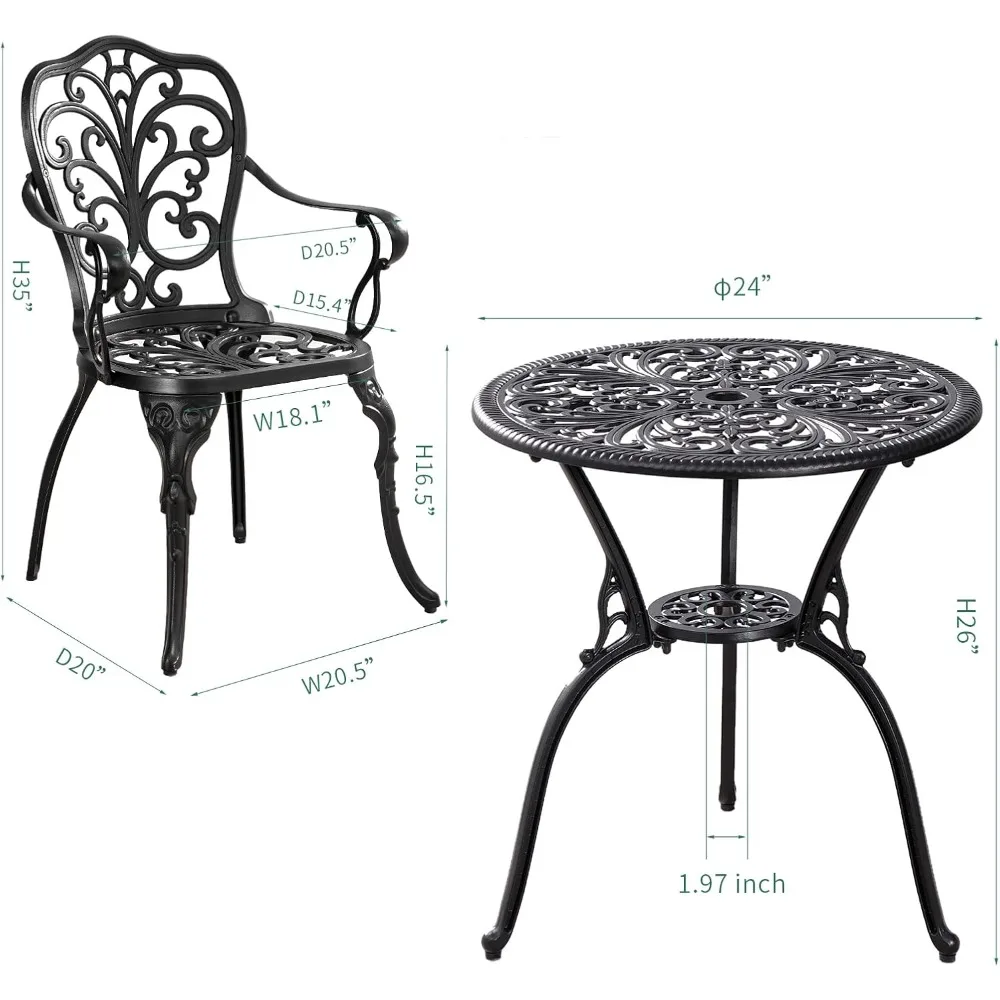 Garden table and chair with umbrella hole 2 sets, cast aluminum terrace set 3 sets, outdoor bistro table and chair set