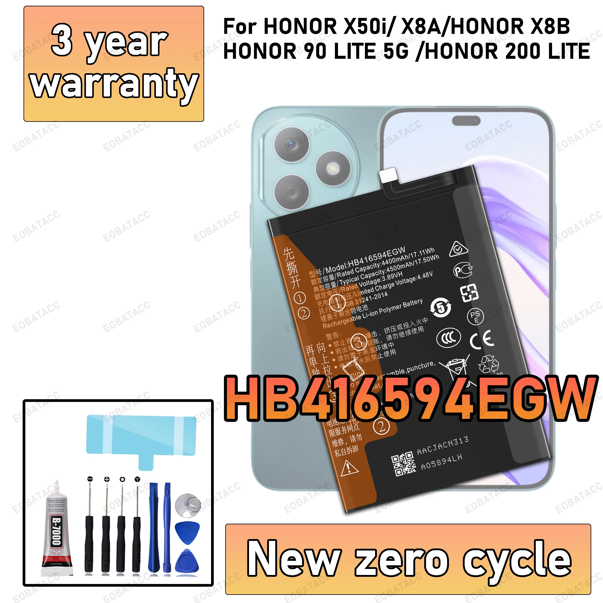 

100% New High Quanlity HB416594EGW Battery For HONOR X50i/ X8A/ HONOR 90 LITE 5G/X8B/HONOR 200 LITE Batteria Battery+Free Tools