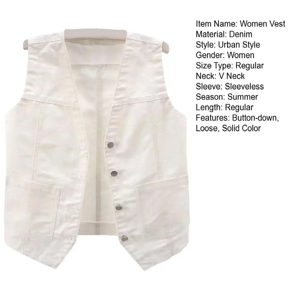 Women Vests V Neck Single Breasted Denim Coats Washing Slim Pockets Cardigan Patchwork Spliced Solid Slight Strech Basics