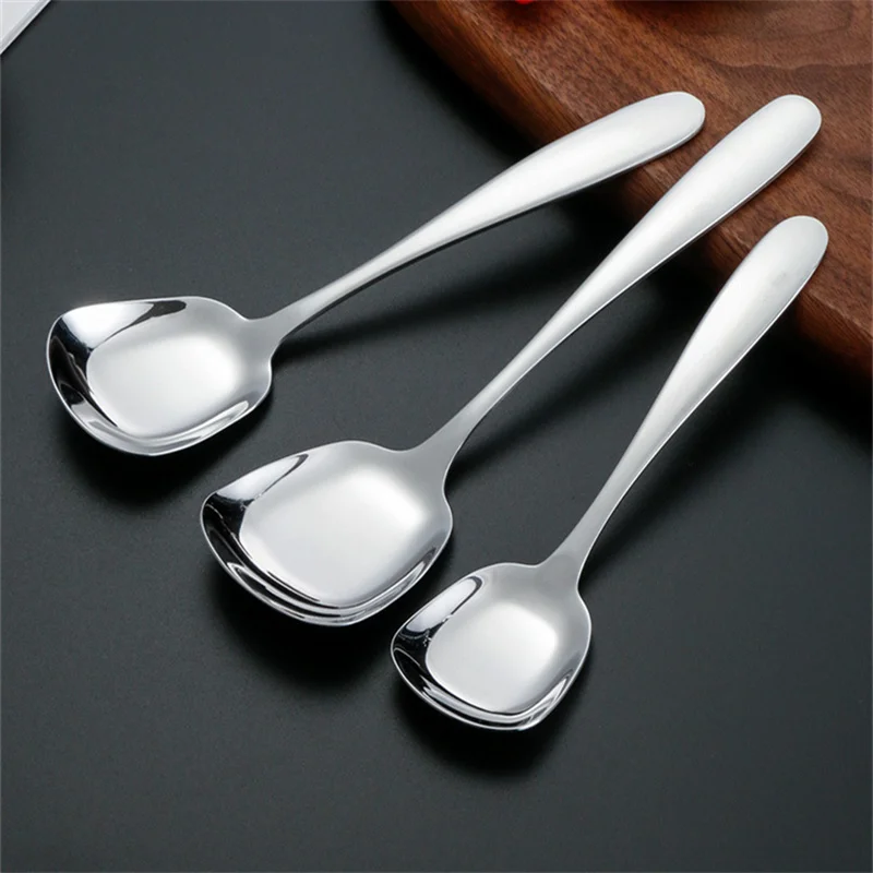 3 Size Stainless Steel Large Square Kitchen Spoon Flat-bottomed Rice Soup Ladle for Dessert Ice Cream Serving Spatula Tableware