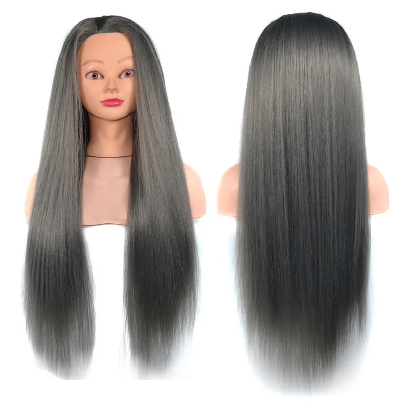 Synthetic Silver Gray Crimped Training Mannequin Head for Hair Styling Practice Braiding Makeup Display Cosplay Wig