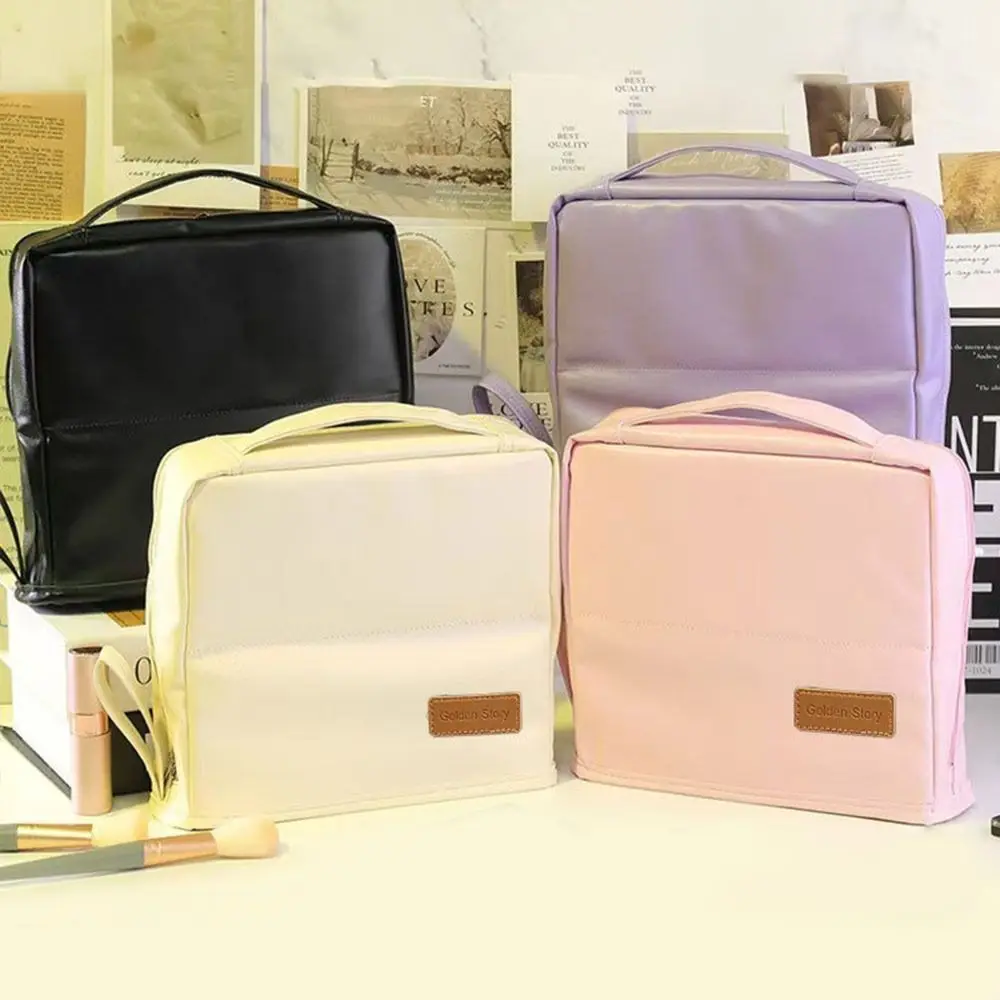 

Leather Standing Makeup Bag Waterproof Partitioned Multi-Layer Stationery Organizer Large Capacity With Handle