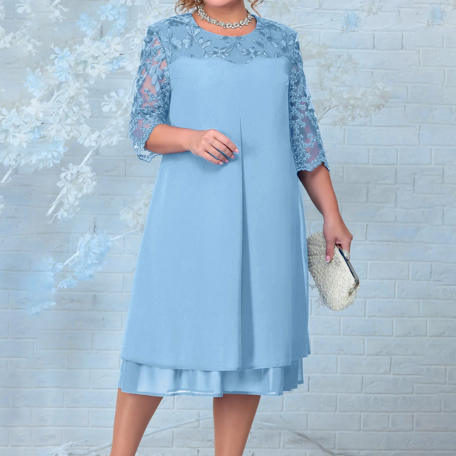 

Flower Embroidery Loose Formal Dress 3/4 Mesh Sleeve Patchwork Chiffon Dresses Elegance Wedding Party Cocktail Vestido Plus Size