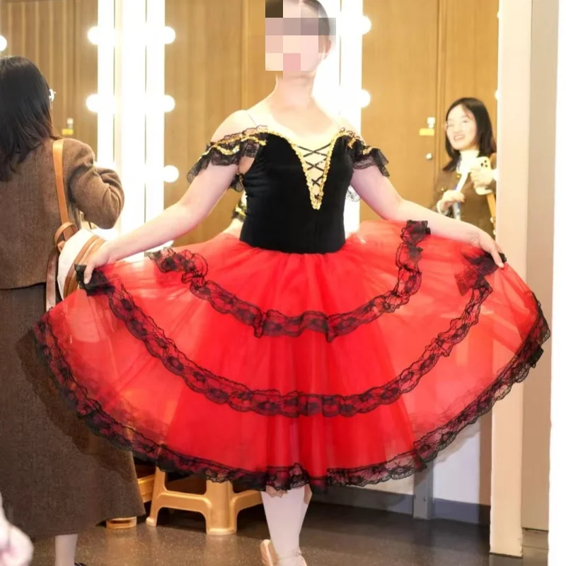 

Профессиональная балетная романтическая пачка, длинная юбка, черное, красное, испанское платье для девочек, взрослых и детей, балетная одежда для женщин