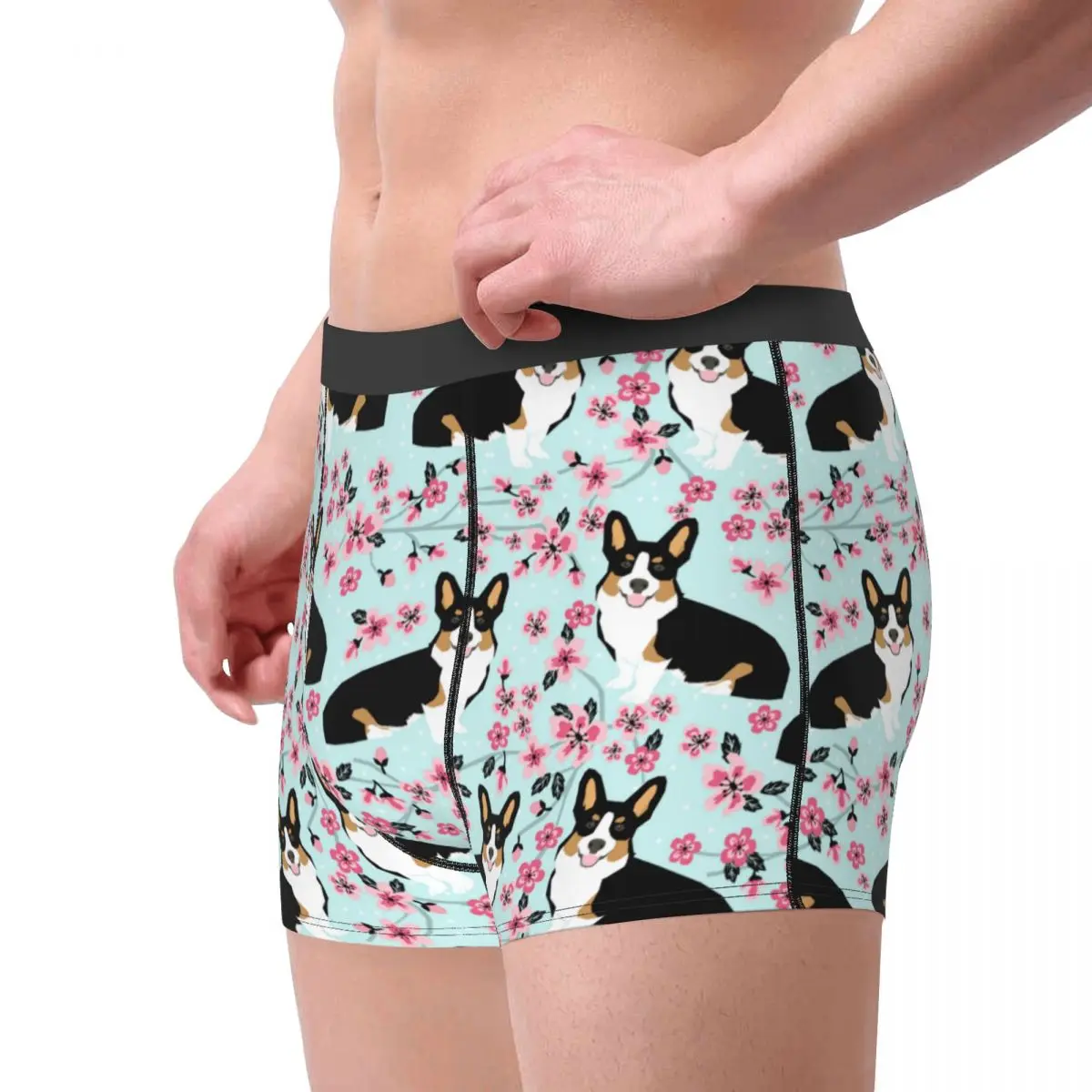 Man Corgi Cherry Blossom Floral Dog Boxer Briefs Shorts Panties Soft Underwear Animal Homme Novelty Underpants