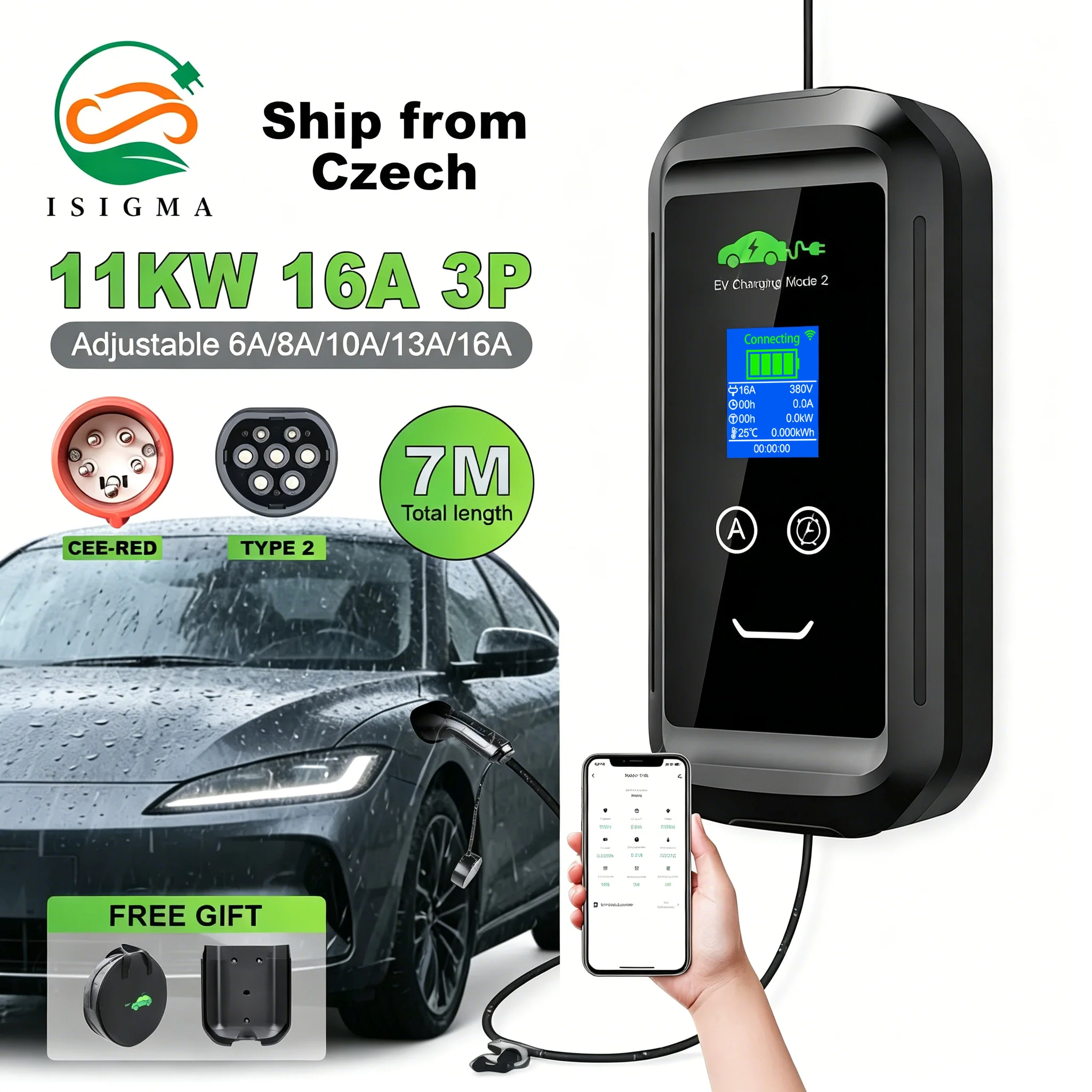 ISIGMA 11KW Typ 2 EV-Ladegerät 16A 3P Wallbox mit Tuya App WLAN-Steuerung für Elektro- und Hybridautos - 5M Kabel IEC 62169