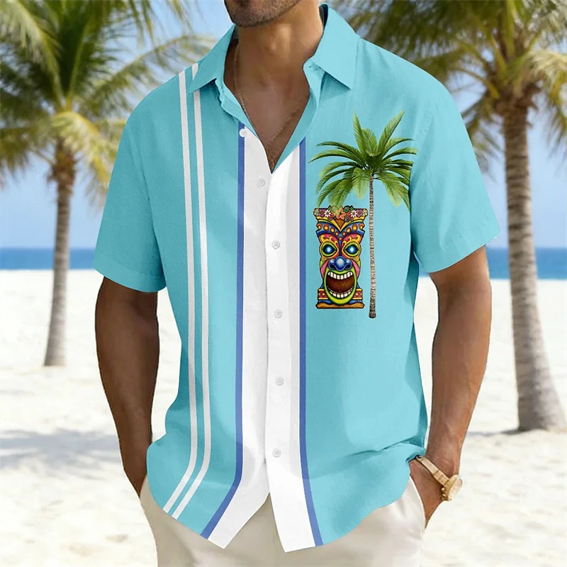 

Men's color-blocked striped short-sleeved shirt, Hawaiian-style totem coconut tree print casual vacation top, Hawaiian shirt