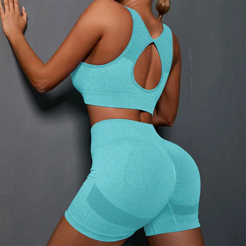 

Seamless Scrunch Yoga Set Spor Set Women Two Piece Crop Top Bra Shorts Sportswear Workout Outfit Fitness Wear Gym Clothes Summer