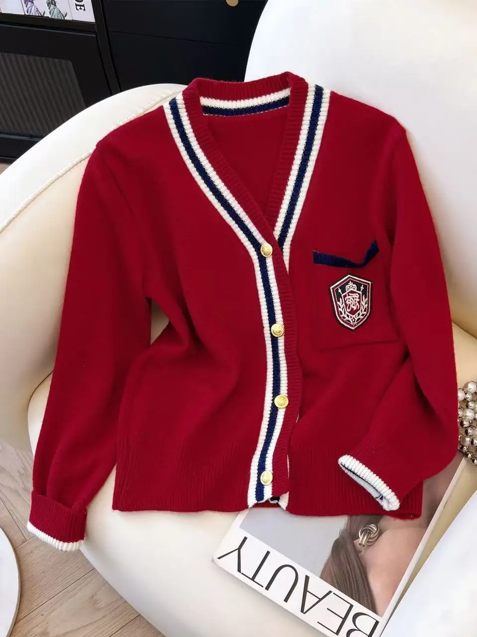 

Retro American Style V-Neck Knitted Cardigan Color Block College Wind Woolen Ladies Long Sleeve Autumn Winter Fashion