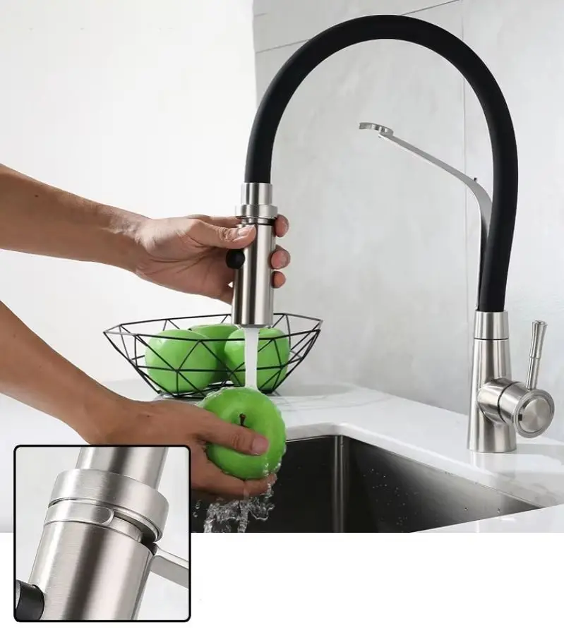 Kitchen Faucet Universal Rotatable Silicone Pipe Pull Down Stream Sprayer Deck Mounted Hot and Cold Water Sink Tap Mixer Crane