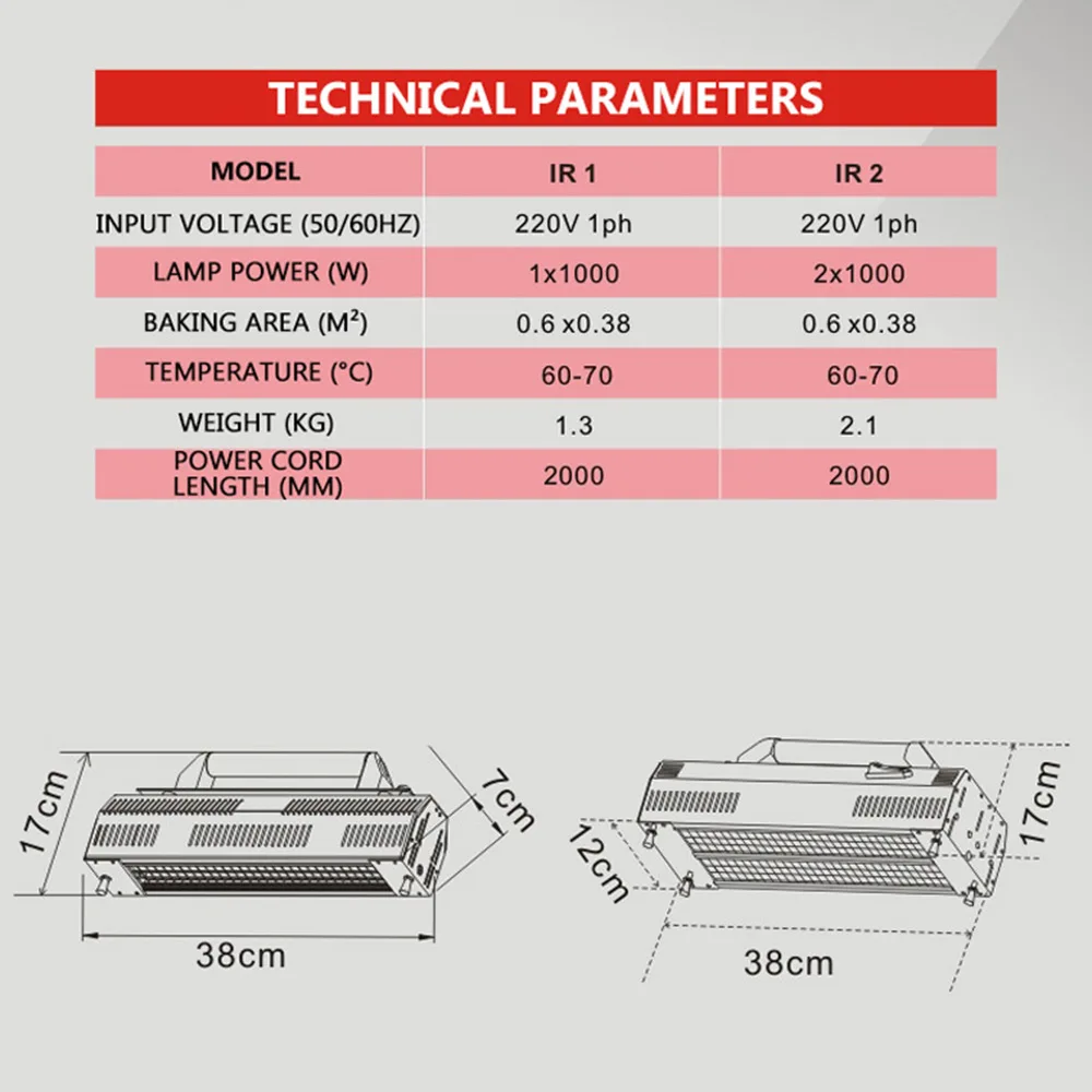 Pintura de película de chapa de coche, lámpara de pintura infrarroja de onda corta multifuncional portátil de alta temperatura de 2000W IR2