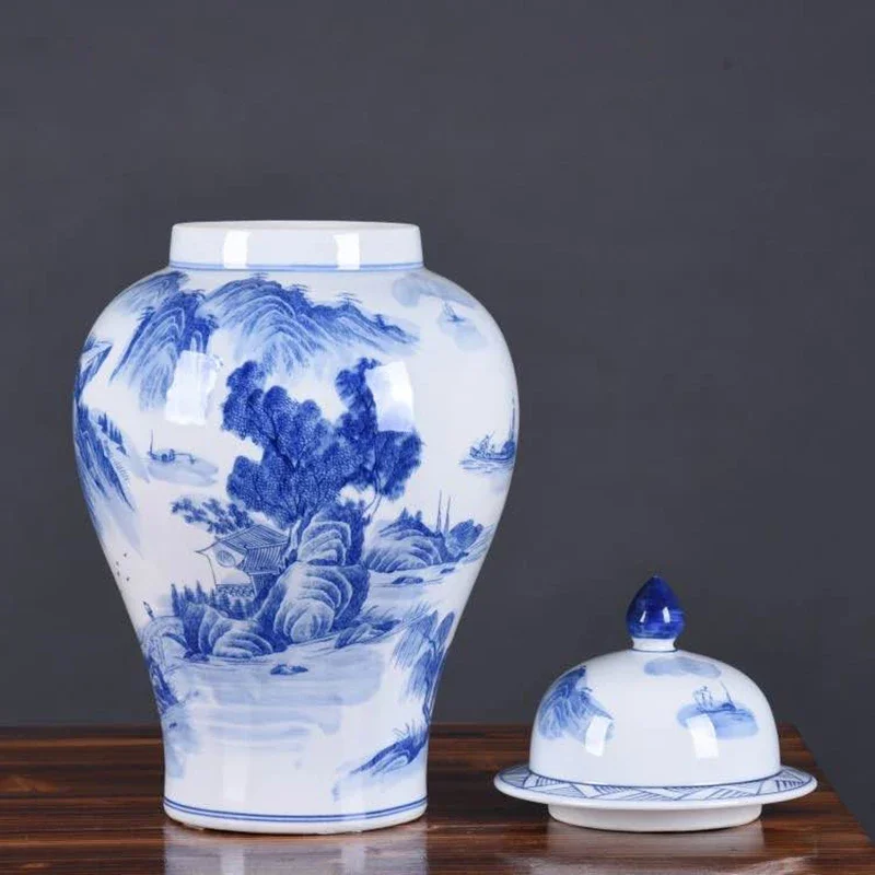 

z Living Room Desktop Decorations Antique Chinese Blue and White Landscape Large General Pot Porcelain Ceramic Vases