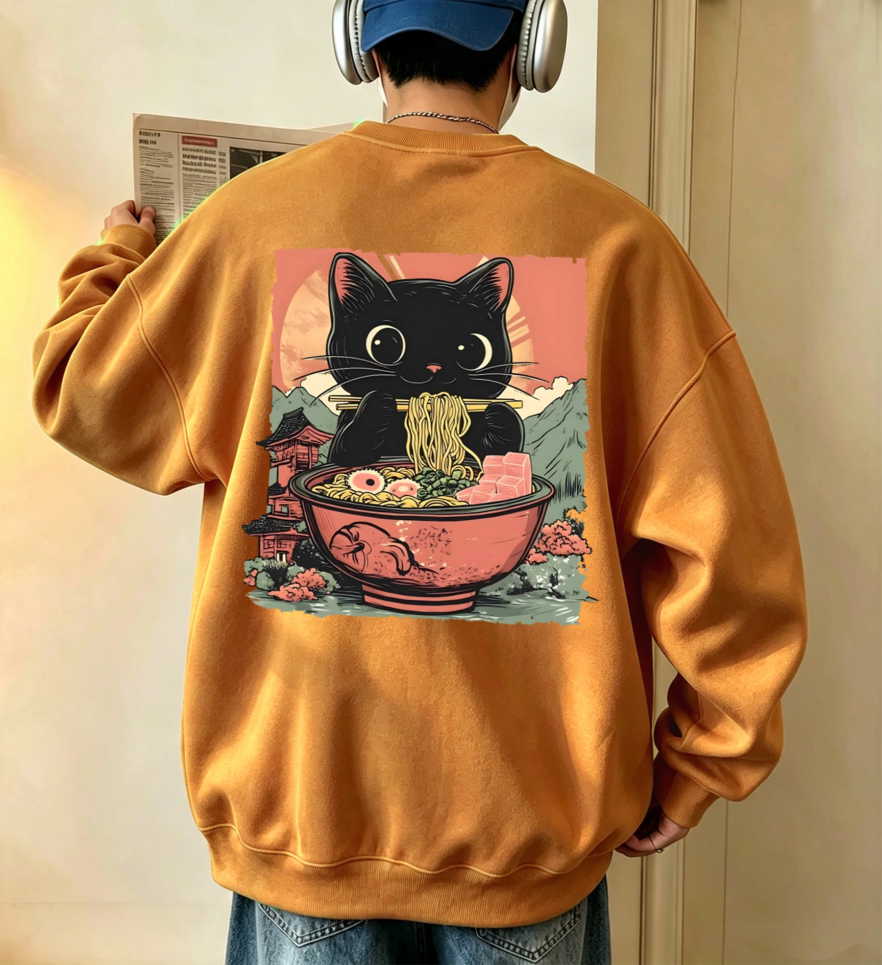 Retro Cats Like To Eat Lamian Noodles Printed Man Autumn O-Neck Sweatshirts Fleece Comfortable Daily Pullovers Street Soft Tops