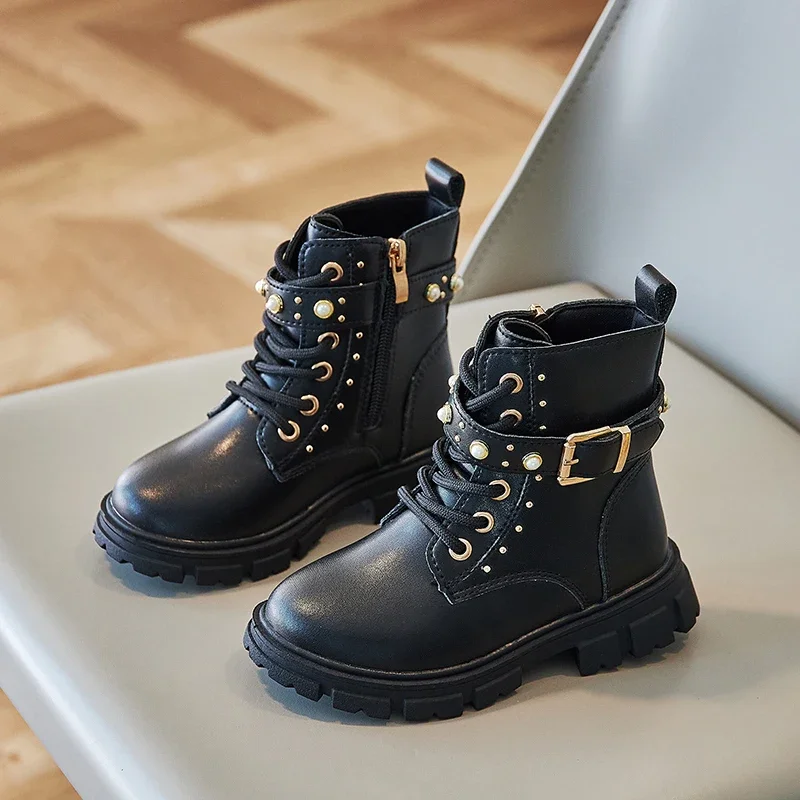 Botas de Otoño Invierno para niñas, botines para niños, botas de princesa con perlas y lentejuelas, zapatos informales antideslizantes para exteriores para niños, talla 26-36