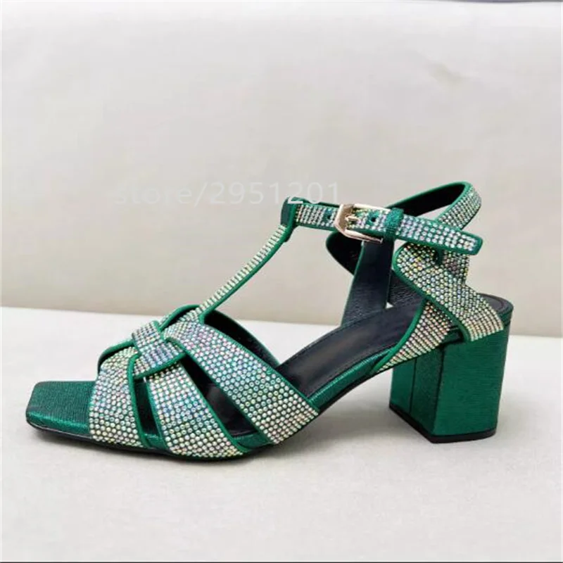 Crystal Peep Toe Women Chunky Sandals Low Heels T Strap  Ladies Shoes Summer Sandals Feminine Silver Rhinestones Shoes Woman