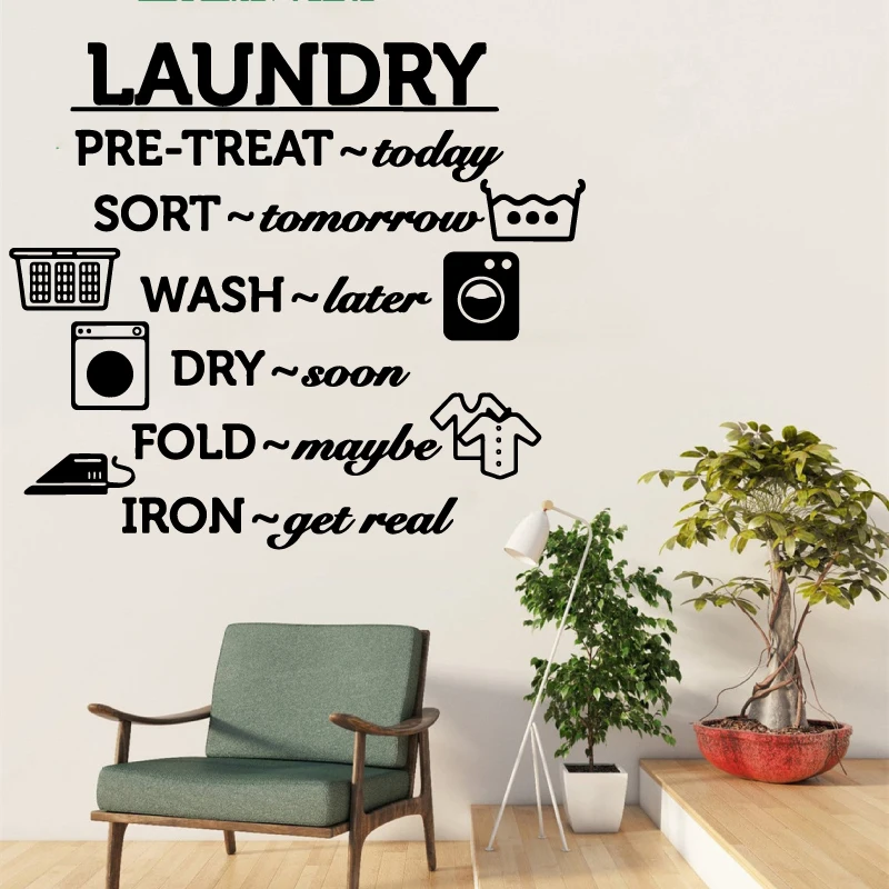 Laundry Room Vinyl Wall Decal Wash Dry Fold Iron Quote Wall Sticker Laundry Room Decoration Wall Mural Removable Wallpaper XY03