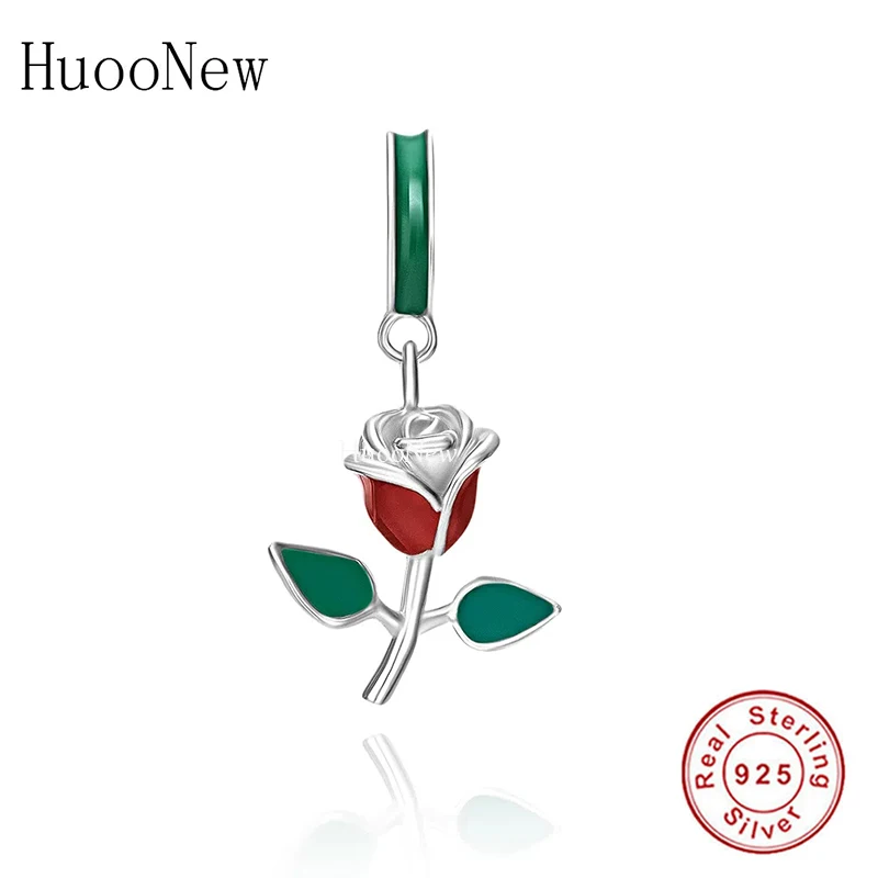 

Fit Original Charm Bracelet Rea 925 Sterling Silver Green Leaf Red Rose Flower Bead For Making Women Valentine Berloque 2021 New