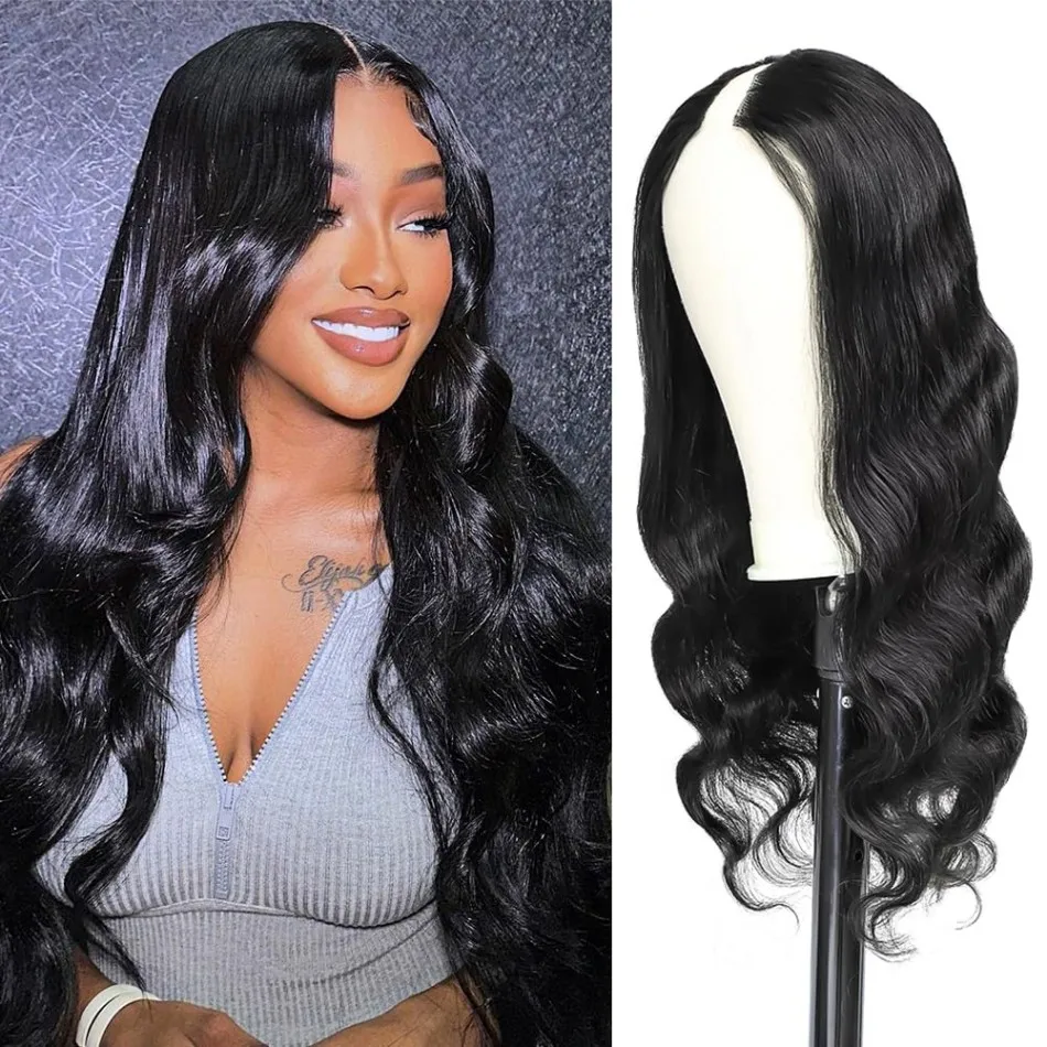 V Part Wigs Human Hair Brazilian Body Wave Human Hair Wigs No Leave Out No Sew Glueless 250 Density Natural Black 30In For Women