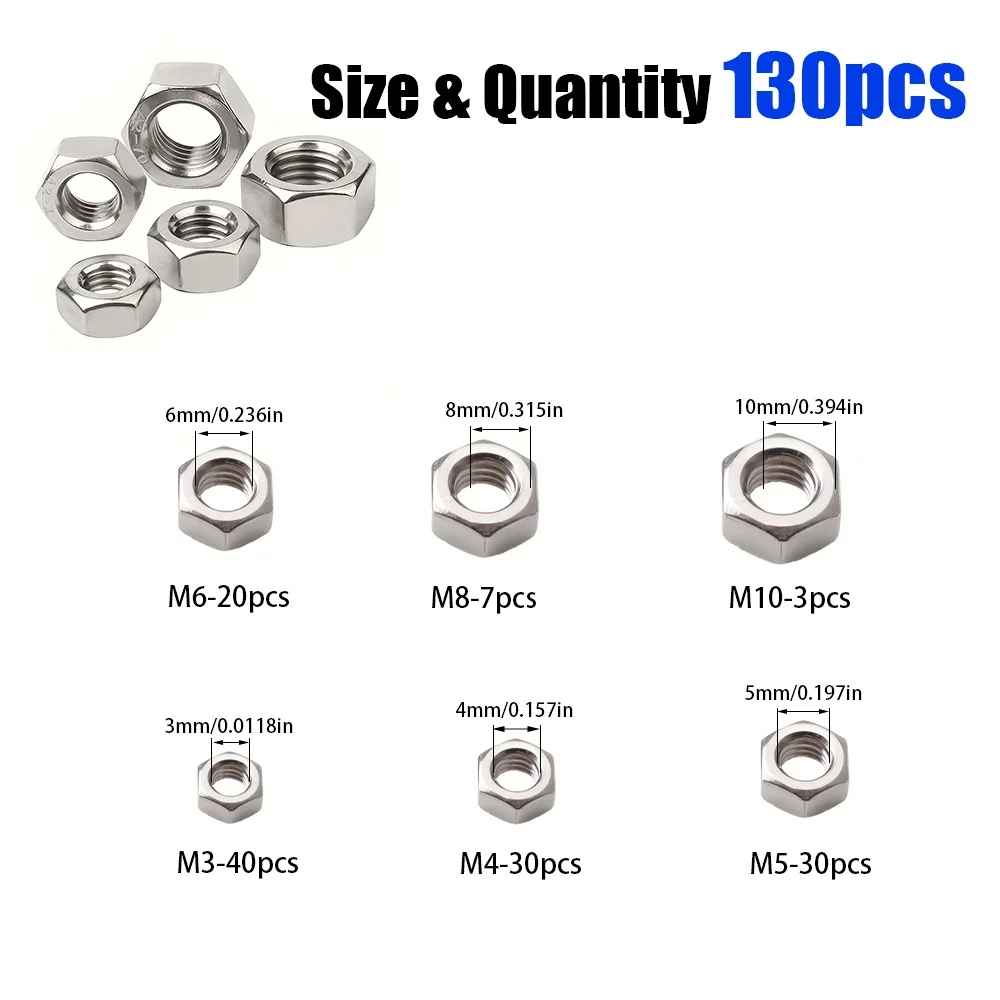 130-piece set of stainless steel hexagonal nuts M3 M4 M5 M6 M8 M10, industrial equipment accessories, home building maintenance.