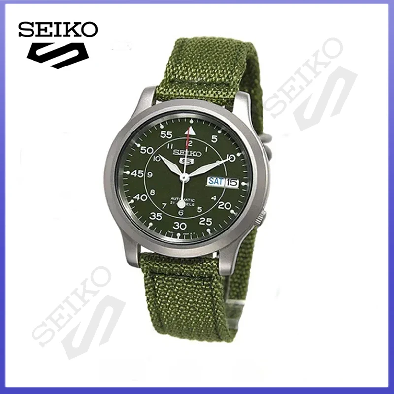 SEIKO Mechanical Watches for Men\'s 5 Automatic Stainless Steel Watch with Green Canvas Luxuy Watch SNK805 Waterproof Wristwatch