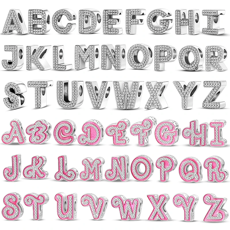 Hot Sale Silver 925 Charms Pink Zircon pave 26 Letter English Alphabet Bead Pendant Fit Pan Original Bracelet DIY Jewelry Making