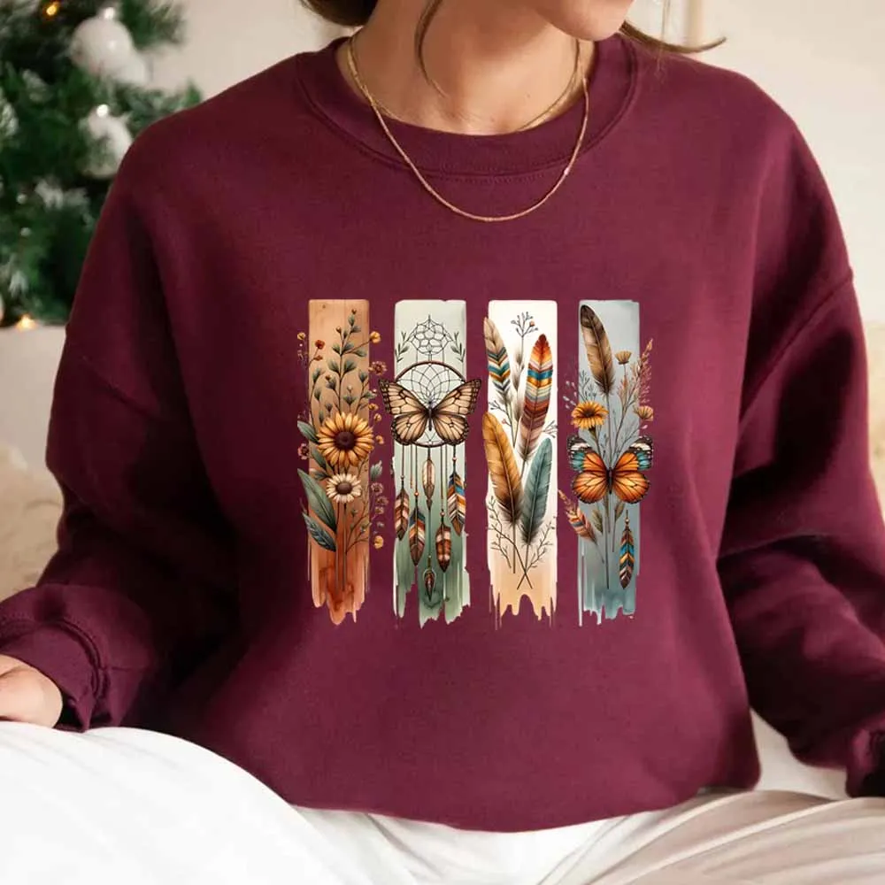 Sudadera bohemia con flores y mariposas, sudadera con capucha con atrapasueños de flores silvestres, camisa Floral de plumas bohemias, sudaderas con cuello redondo de moda occidental