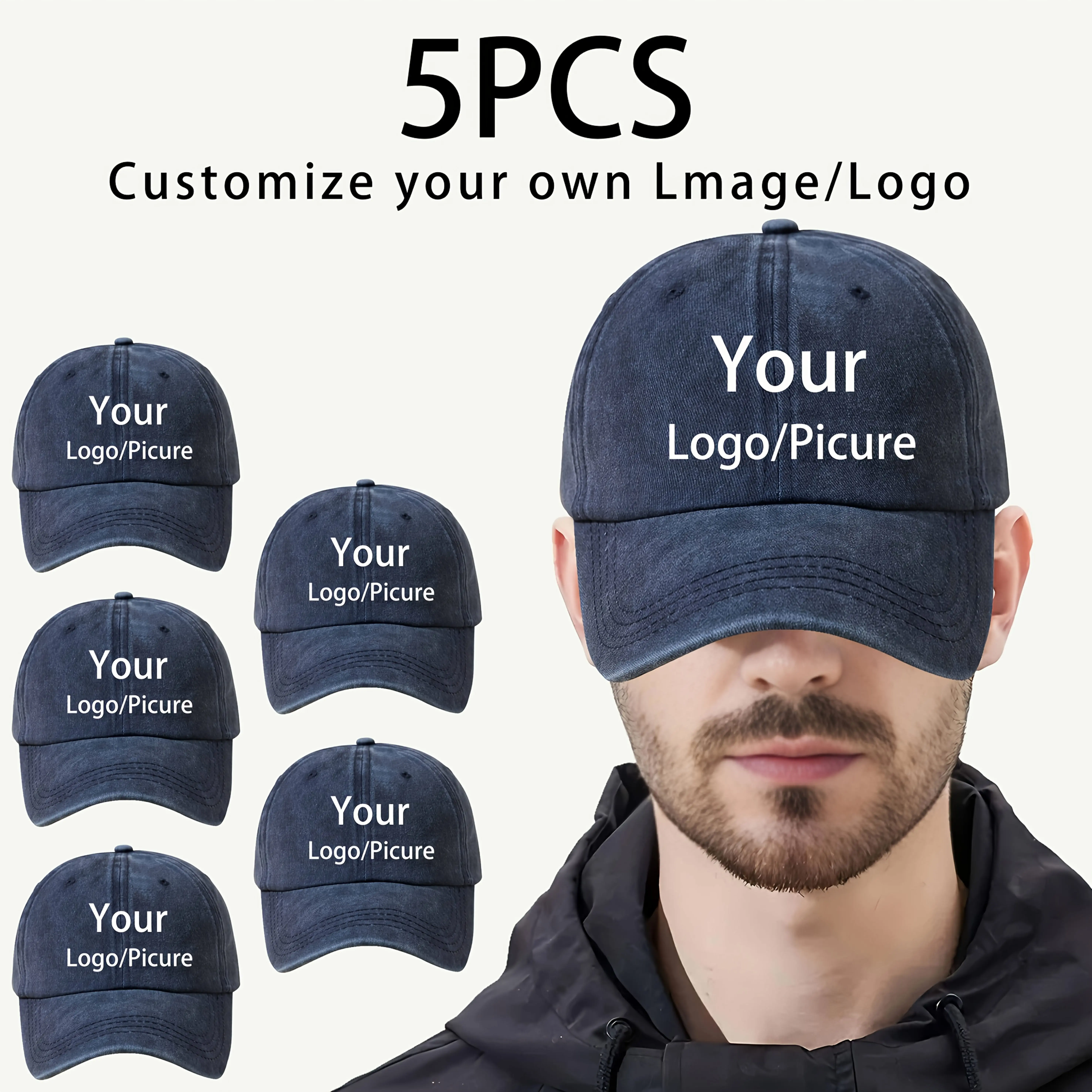 5 Pieces per Set Custom Vintage Washed Baseball Caps, Custom Logo Print, Unisex Adjustable Breathable Hats, Multi Colors