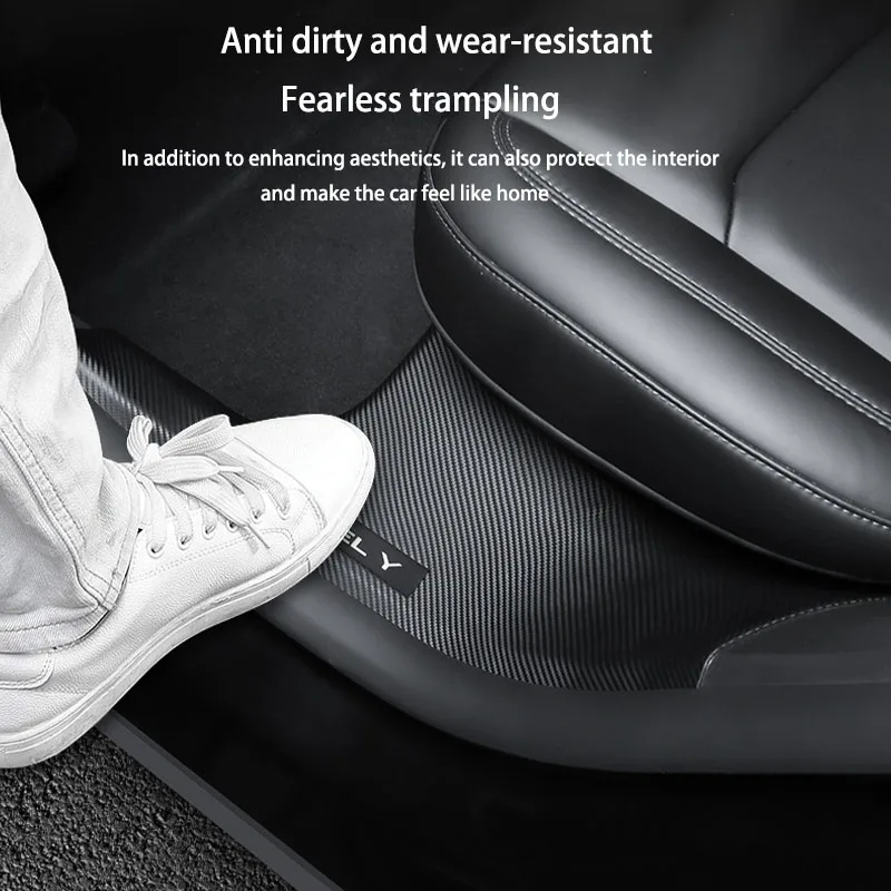 Front Rear Door Sill Guards For Tesla Model Y Carbon Fibre ABS Inner Protector Plate Cover Trim Car Anti-Dirty Bumper Kick Pad