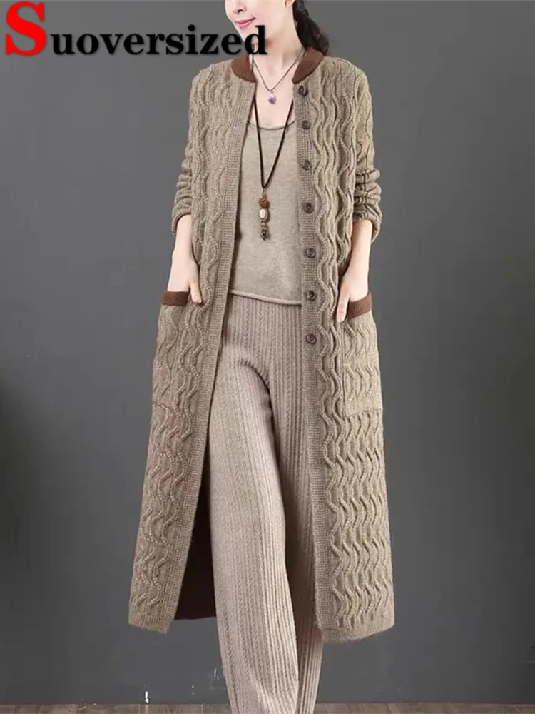 Vintage Thick Knitwears Long Cardigan Loose Plus Size 4xl Elegant Sweaters Spring Fall Casual Knitted Coat Fashion Korean Jacket