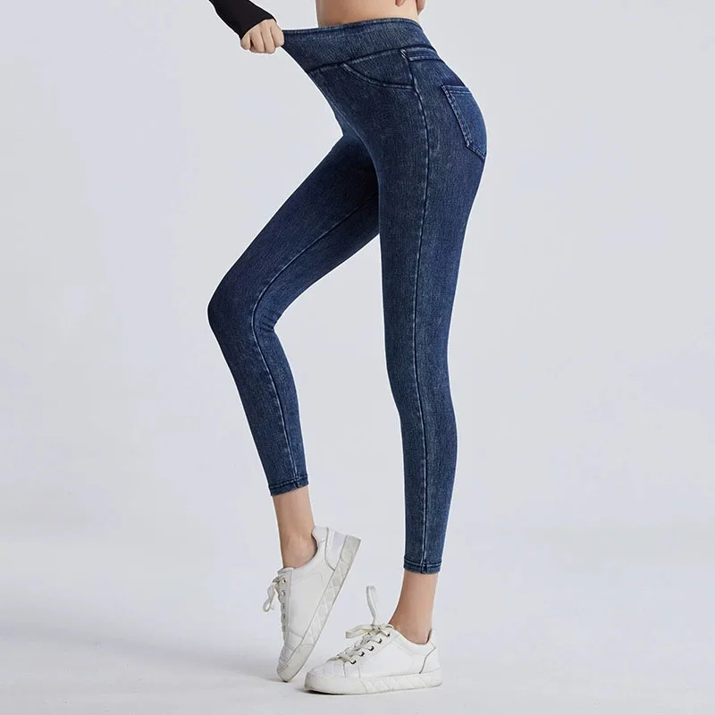 New Women Faux Denim Leggings Tummy Control High Waisted Elastic Skinny Yoga Pants Woman Streetwear Slim Shaping Figure Leggings
