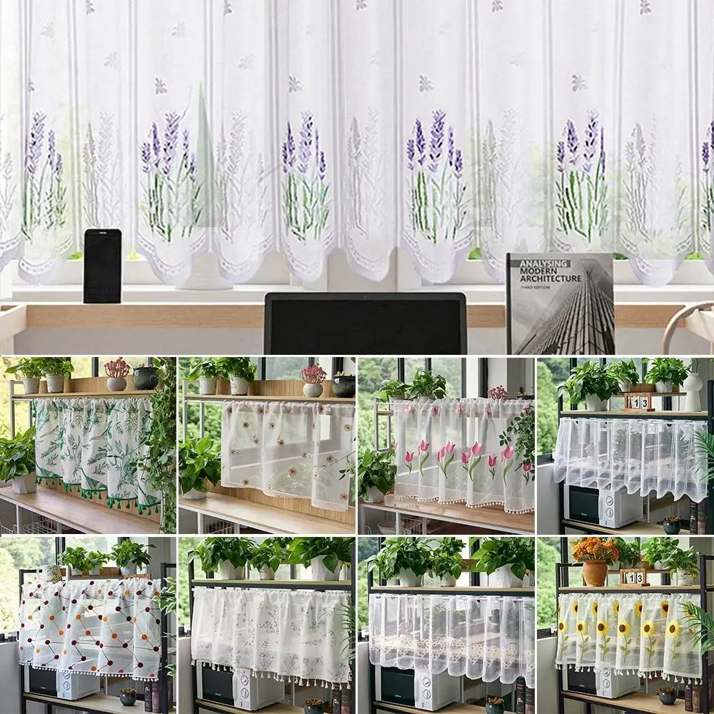 Room Divider Embroidered Semi Sheer Curtain Multifunctional Durable Half Window Sheer Curtains Screen Panel