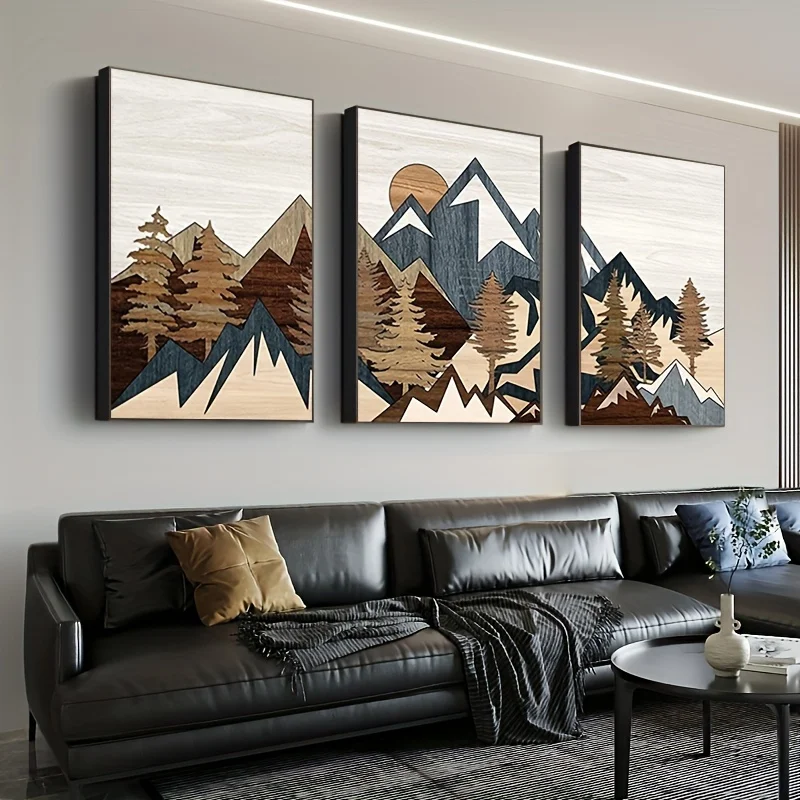3pcs Modern Minimalist Mountain Abstract Art Canvas Triptych - Frameless Wall Decor with Geometric Landscape Design for Living R