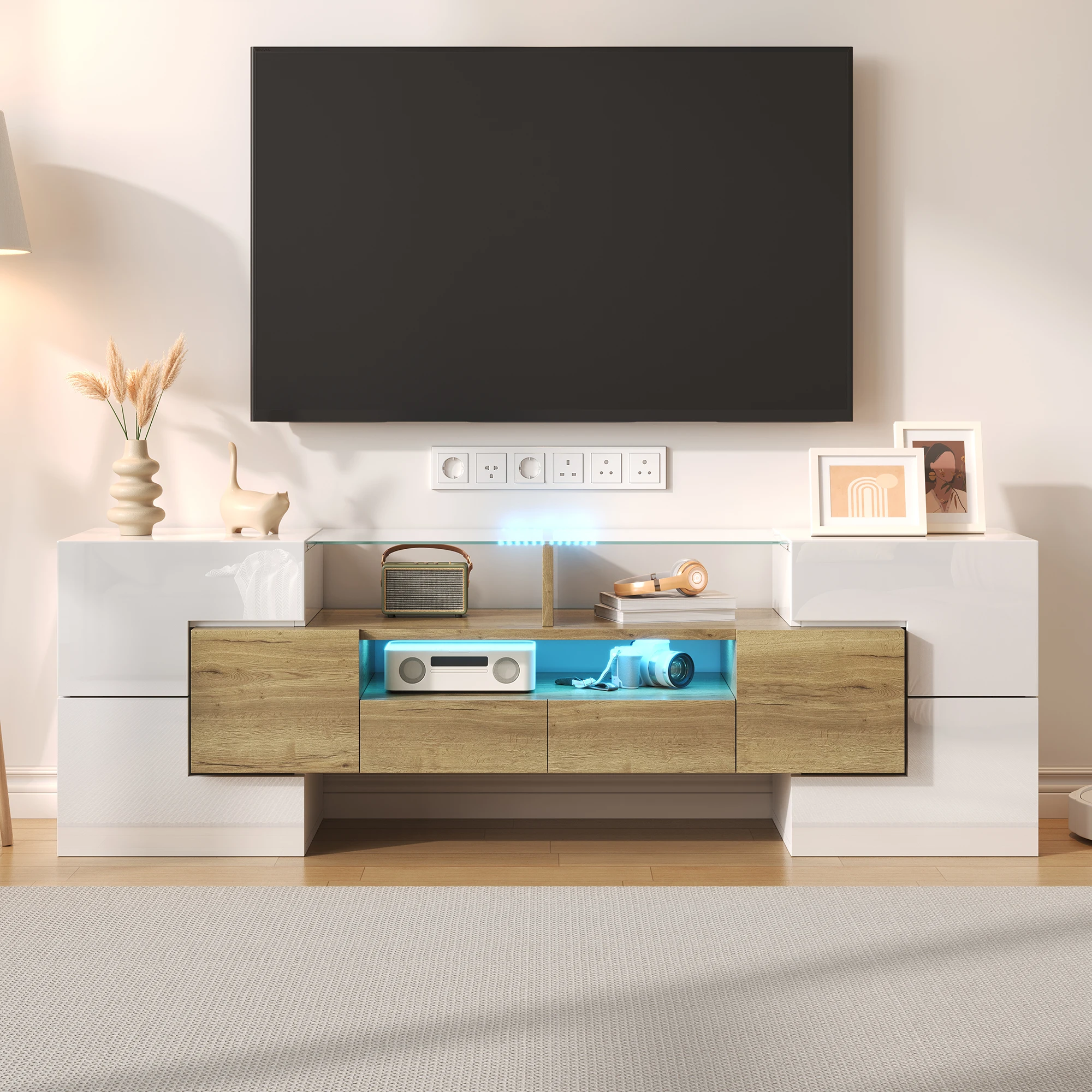 Mobile TV da 145 cm con illuminazione a LED, credenza TV cassettiera, tavolino basso per soggiorno, supporto TV con 4 ante, salvaspazio