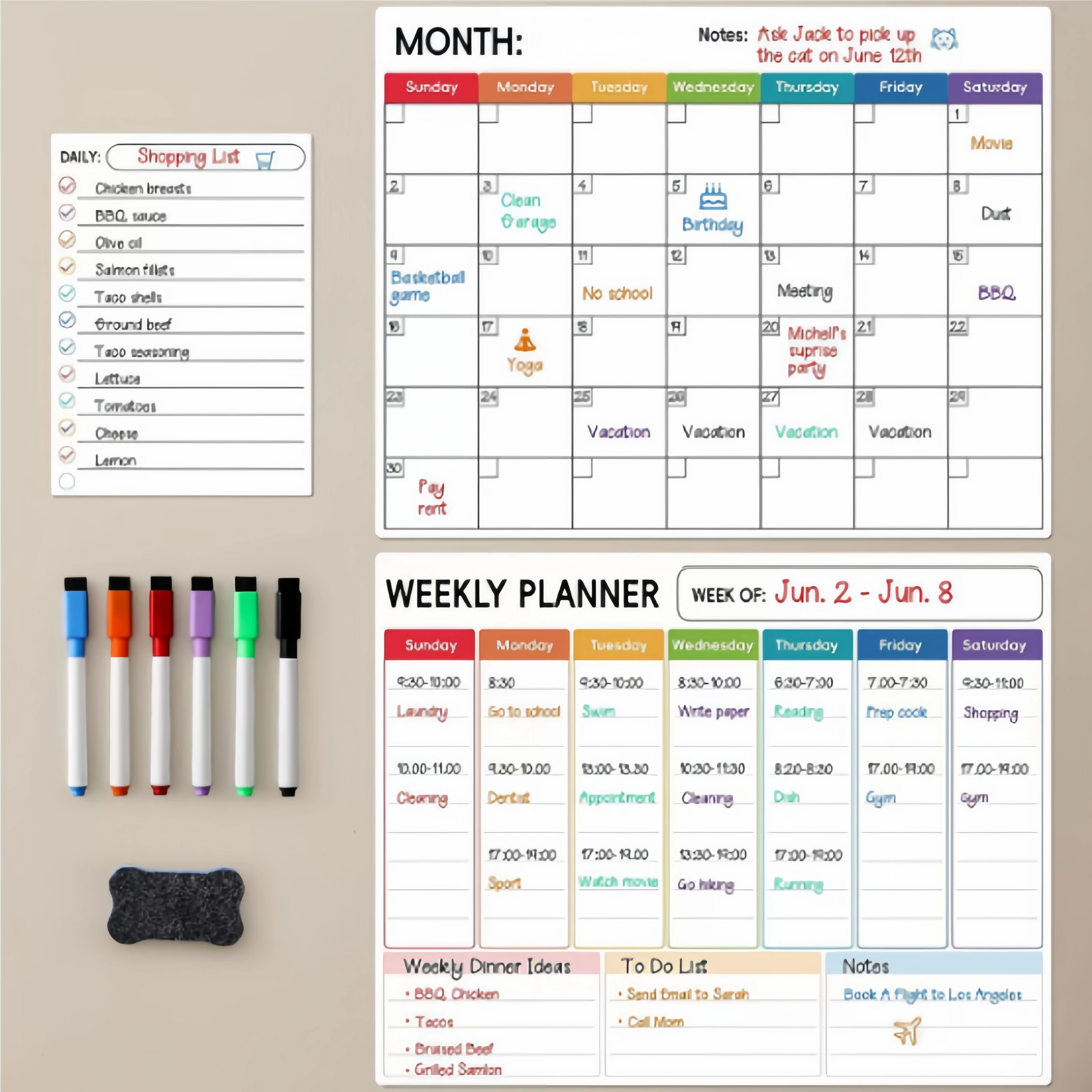 Creative refrigerator plastic magnetic calendar, 1 set of weekly calendar, 6 pens and erasers for calendar and monthly calendar,