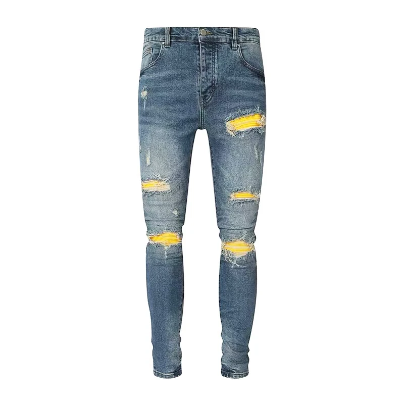 Latest designer street fashion men's washed blue jeans with stretch, tight fit, ripped fabric patch, men's leather patch, hip-ho