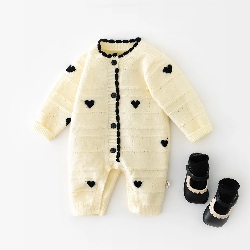 2026 Autumn New Baby Girls Clothes Full Of Heart Print Infant Knit Jumpsuits Toddler Rompers Infant Knitwear