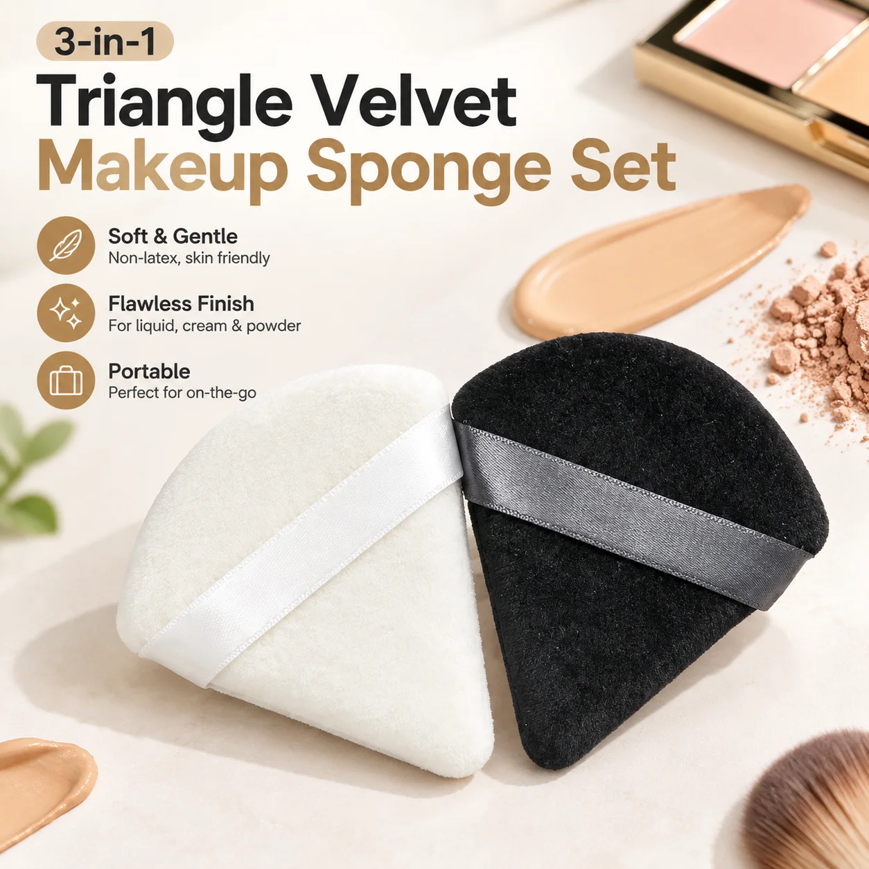 3-in-1 Triangle Velvet Makeup Sponge Set, Black Powder Puff Blender for Liquid Cream Powder, Non-Latex Soft Portable