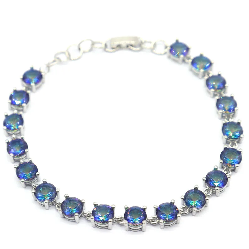 Buy 5 Get 1 Free 7x7mm 14.5g Fire Rainbow Mystic Topaz Real Emerald Ruby Blue Sapphire Silver Bracelet 7.5-8.5inch