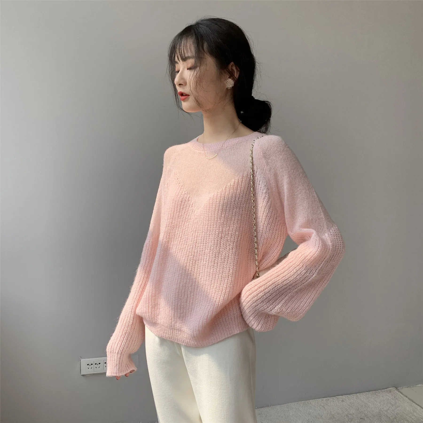 Sexy Transparent Hollow Out Women Sweaters Round Collar Long Sleeve Loose Thin Knitted Pullovers Candy Color Tops