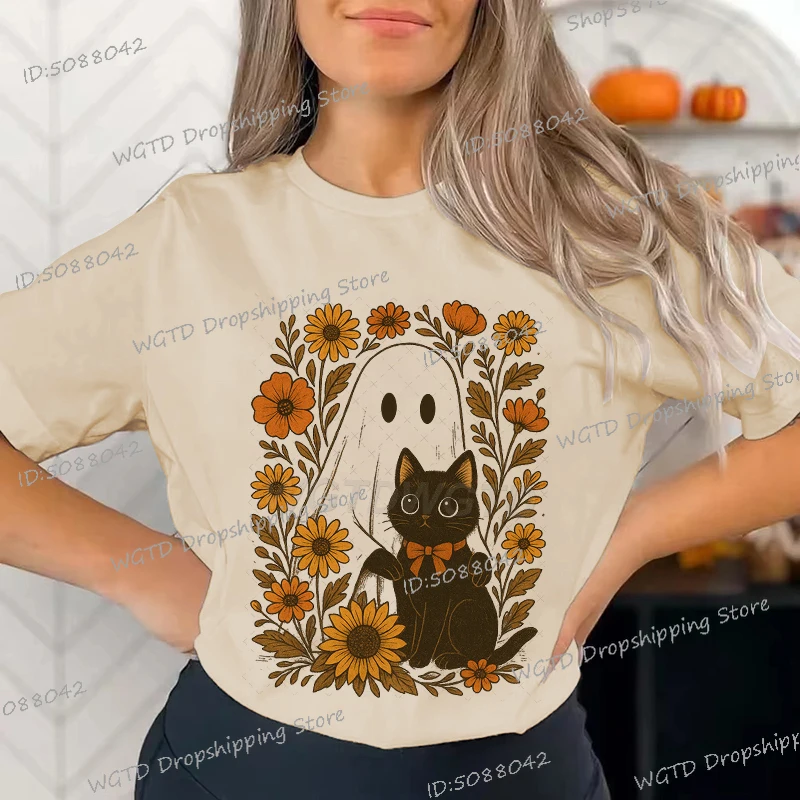

Women's Clothes Vintage Boo and Cat Wildflower Style Tees Shirts Graphics Autumn Camisetas Mujer Spooky Season Halloween T-shirt