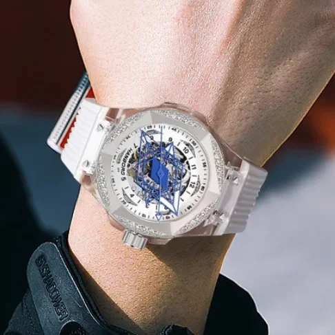 

HANBORO Мужские автоматические часы 42 мм Механические наручные часы Светящийся скелетонизированный циферблат Акриловый корпус Силиконовый ремешок Шестиугольный безель