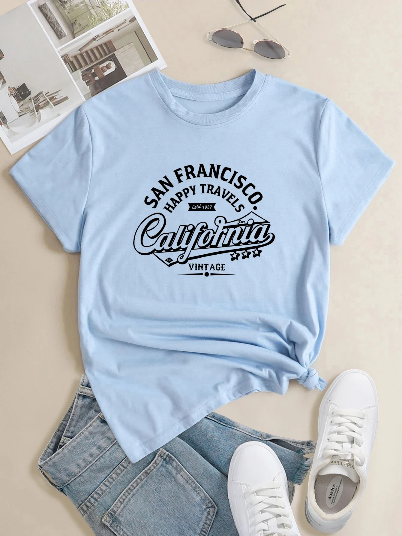 Fashion Summer T Shirt Plus Size San francisco happy travels Tee Tops,Print Crew Neck T-shirt,Women's Casual Loose Short Sleeve