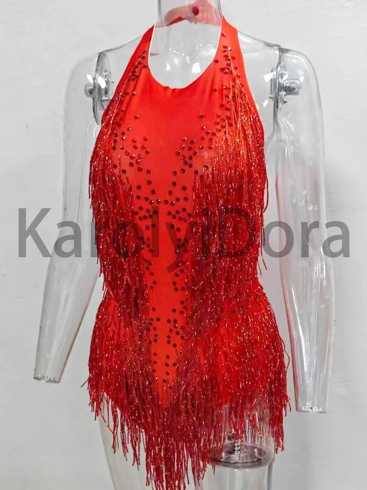 2024 Sparkly Rhinestones Fringes Bodysuit Women Nightclub Outfit Glisten Dance Costume One-piece Dance Wear Singer Stage Leotard