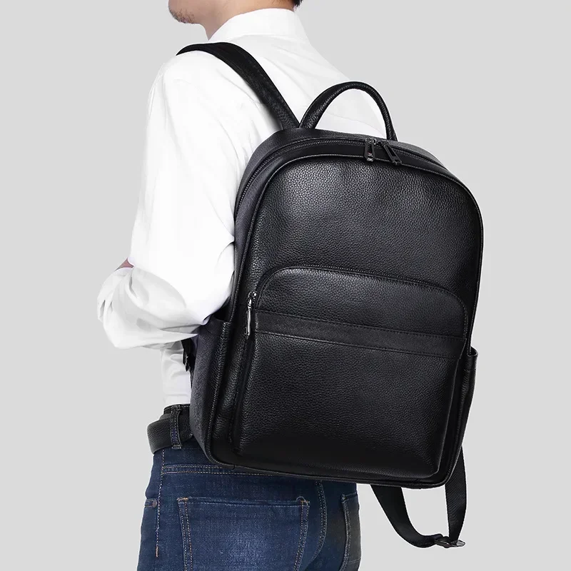 2024 New Luxury Brand Real Genuine Leather Men Solid Backpacks Student Backpack Boy Luxury 14 Inch Computer Laptop Bag